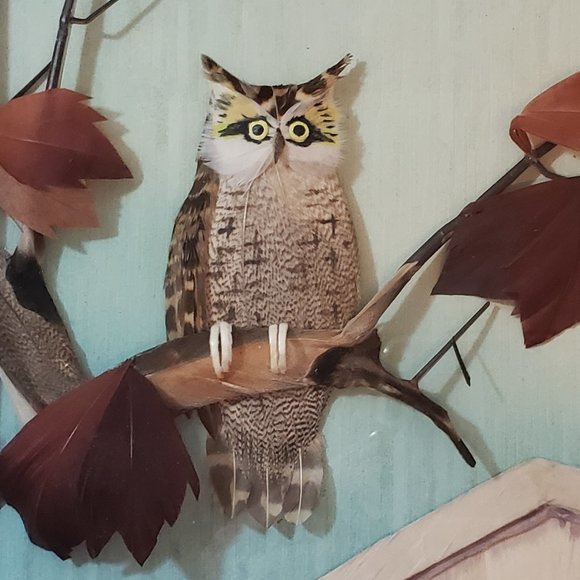 CAC Feather Art 3D Owl Perched on Branch Vintage - Picture 2 of 4